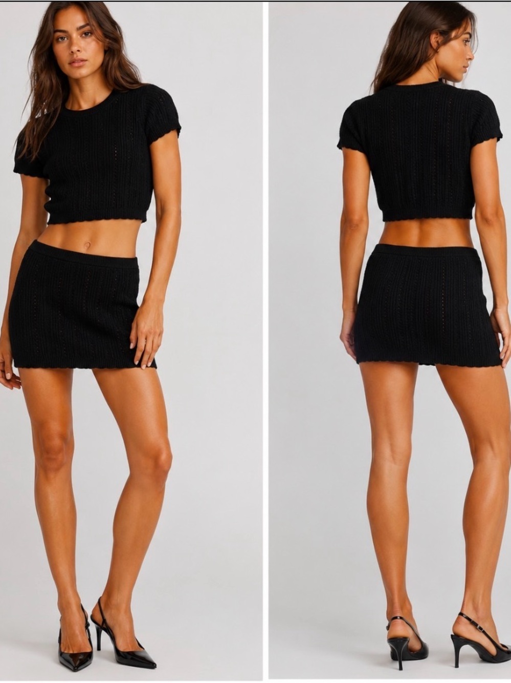FRAME Set Sz S P The Getaway 100% Cashmere Knit Crop Top and Mini Skirt Black